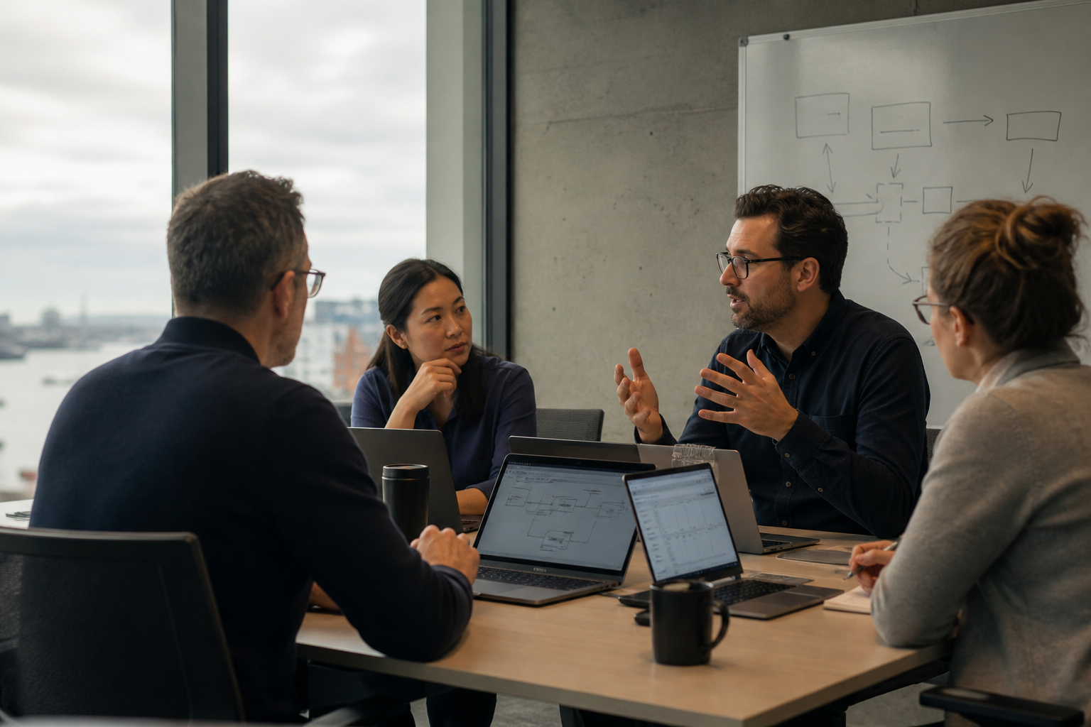 Software engineers reviewing an integration architecture in a working session